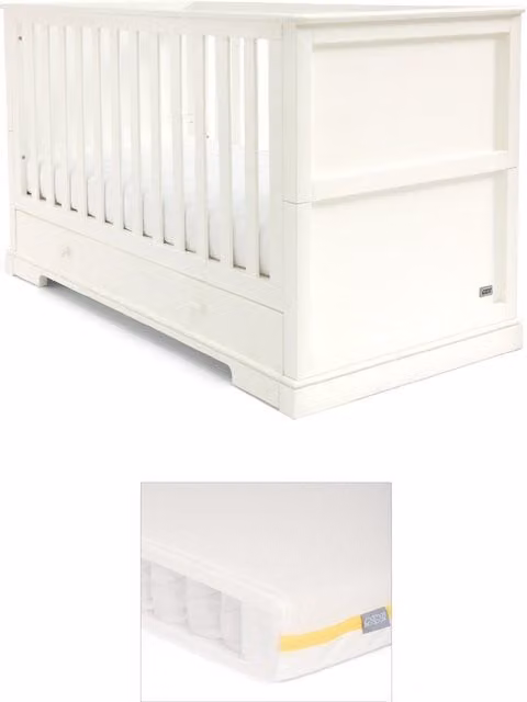 Mamas & Papas Oxford Cotbed and Essential Airflow Pocket Spring Mattress Bundle, White, W/D/H: 140 x 70 x 2 cm