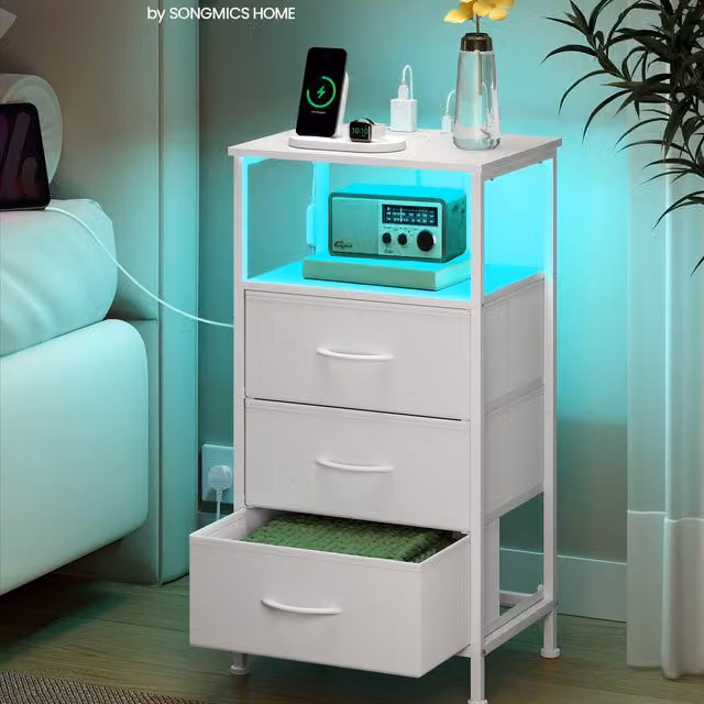 SONGMICS Set of 2 White Bedside Tables with 3 Drawers and Adjustable Integrated LED Lights