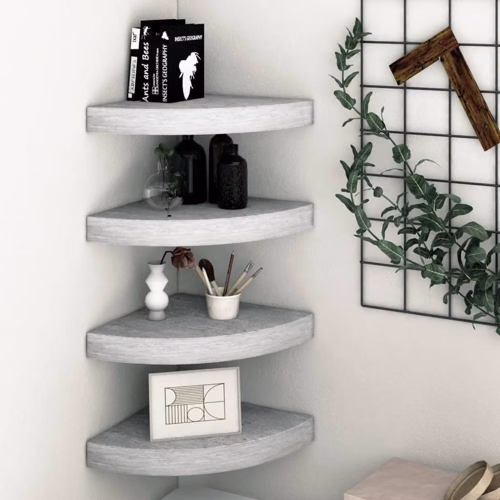 Berkfield Home Wall Mounted Corner Shelves, 4 Piece Set in Concrete Grey MDF, W: 35 cm, D: 35 cm, H: 3.8 cm – 2
