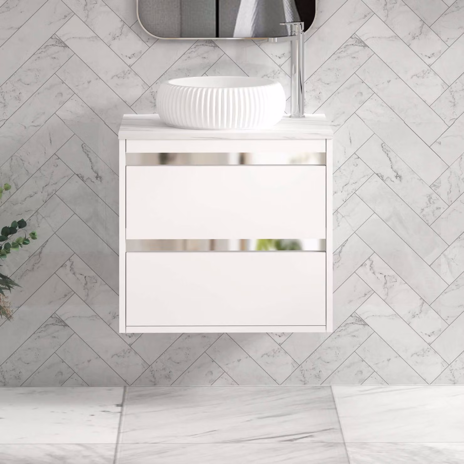 Royal Bathrooms Orion 600mm Matt White Wall Hung 2 Drawer Vanity Unit with Milan Basin and Chrome Accent Trim