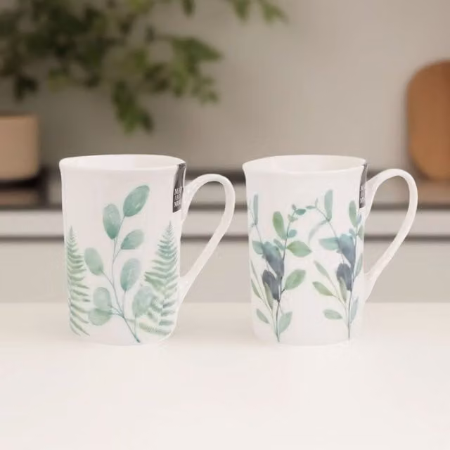 Mad About Mugs Set of 2 Botanical Eucalyptus New Bone China Mugs, 270 ml, Beige, Green and White
