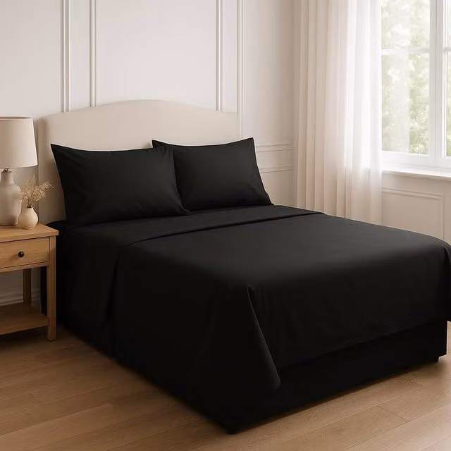 Homes-Linen 180 Thread Count Rich Percale Polycotton Blend Flat Sheet, Black, W: 140 cm, L: 200 cm – 1