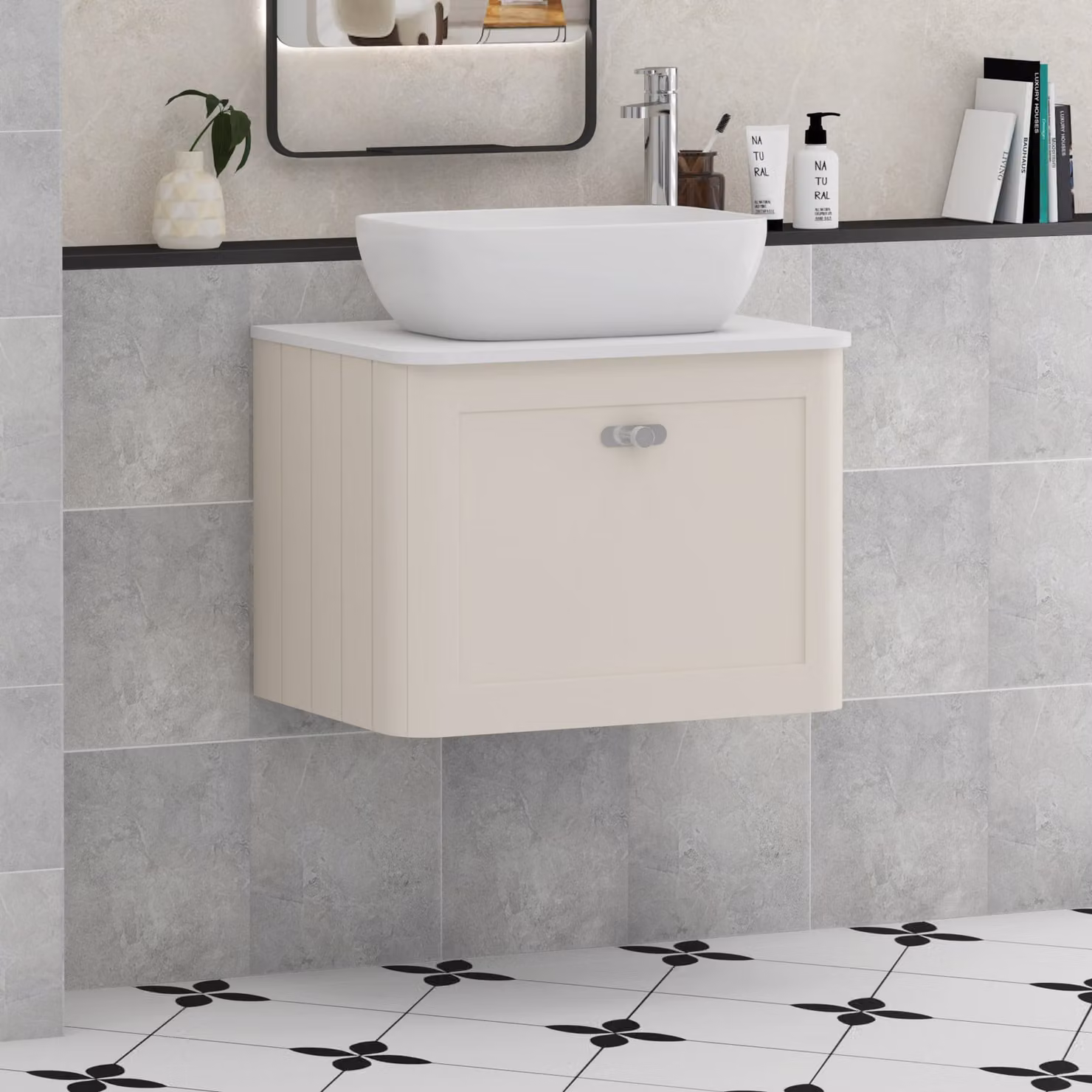 Royal Bathrooms Henley Wall Hung Vanity Unit with Elva Basin and Chrome Knob, Mushroom Cashmere and Plain White Worktop, 600mm