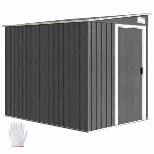Outsunny Light Grey Metal Lean-to Garden Shed with Foundation Kit and Side Vents, W/D/H: 212.5 x 154 x 181 cm