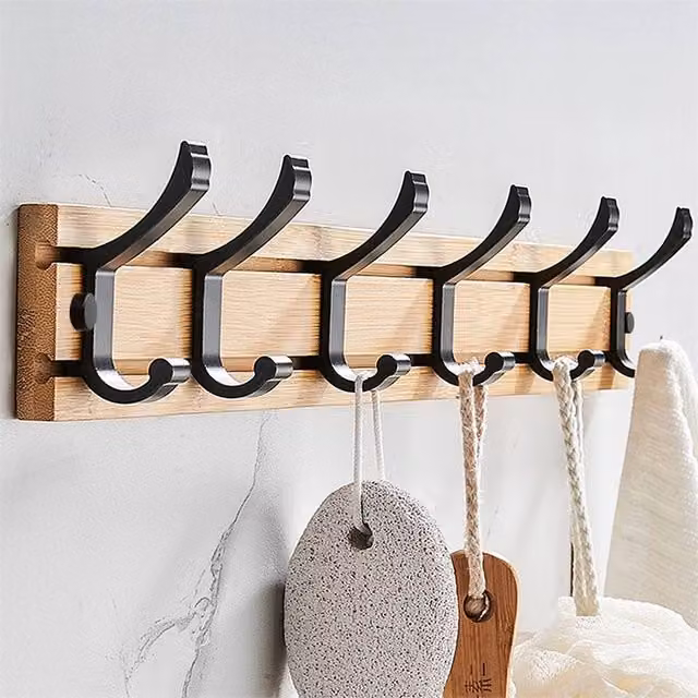 Nordara Wooden Wall and Door Coat Rack in Brown with 6 Hooks, Width: 60 cm