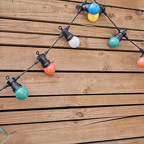 MiniSun Set of 10 Multicoloured Outdoor LED Festoon Lights, 5.7m, IP44 Rated, Warm White 2700K – 3