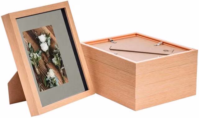 Nicola Spring Pack of 5 3D Box Photo Frames in Light Wood and Grey, W: 25.4 cm, H: 20.32 cm, with 4 x 6 inch Mount