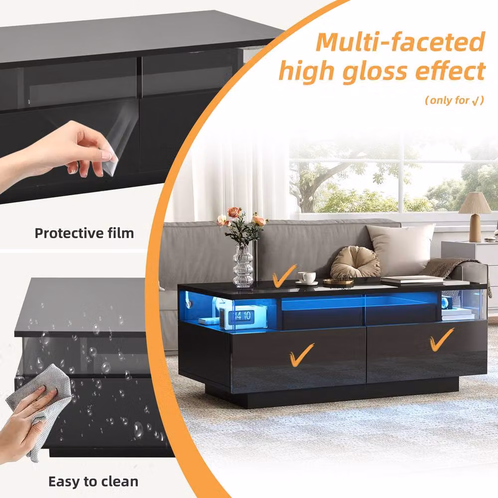 BTM Black High Gloss Coffee Table with LED Glass Top and 2 Drawers – 4