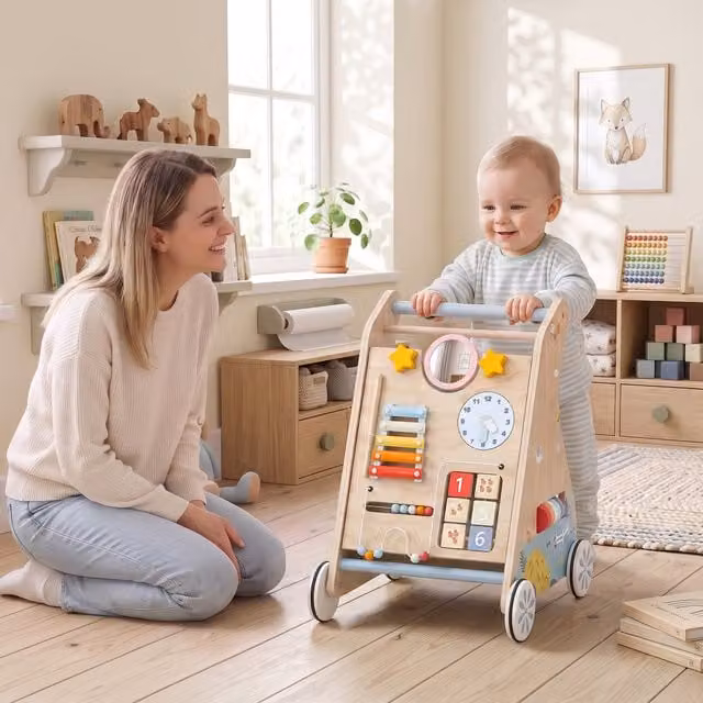 AIYAPLAY Multicolour Push Along Baby Walker in Natural Wood Finish
