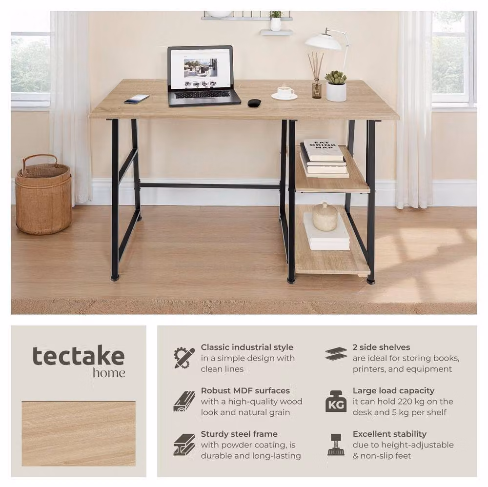 tectake Paisley Desk with Trapezoidal Frame and Shelf with 2 Storage Compartments in Light Oak – 2