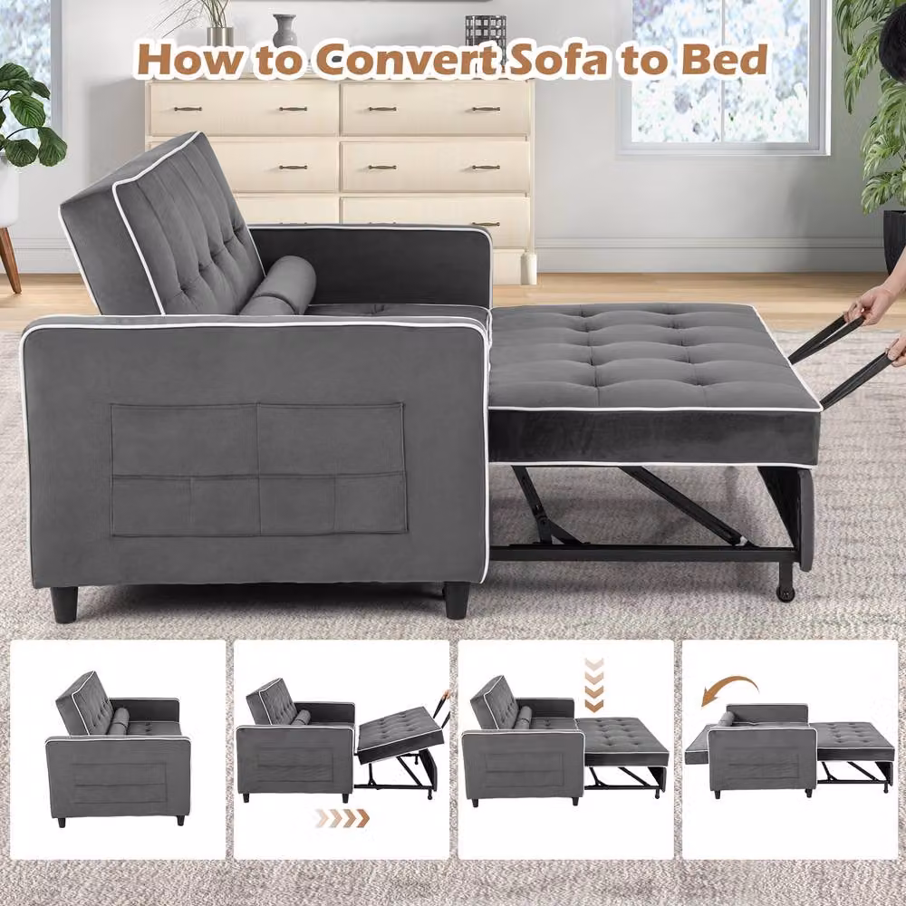 Gymax 3-in-1 Convertible Pull Out Sofa Bed in Grey Velvet Fabric with Metal Frame – 3