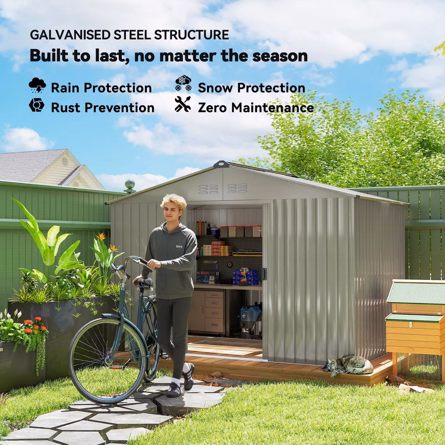OUTSUNNY Galvanised Steel Garden Storage Shed with Sliding Door, Mid Grey – 5