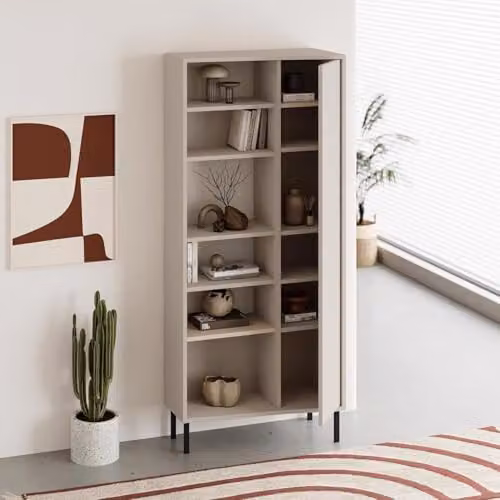 FWStyle Frem Curved Sandstone 5-Tier Bookcase with Door in Beige, Modern Storage Unit with 10 Shelves and Metal Legs, H 176 cm x W 74 cm x D 37 cm – 3