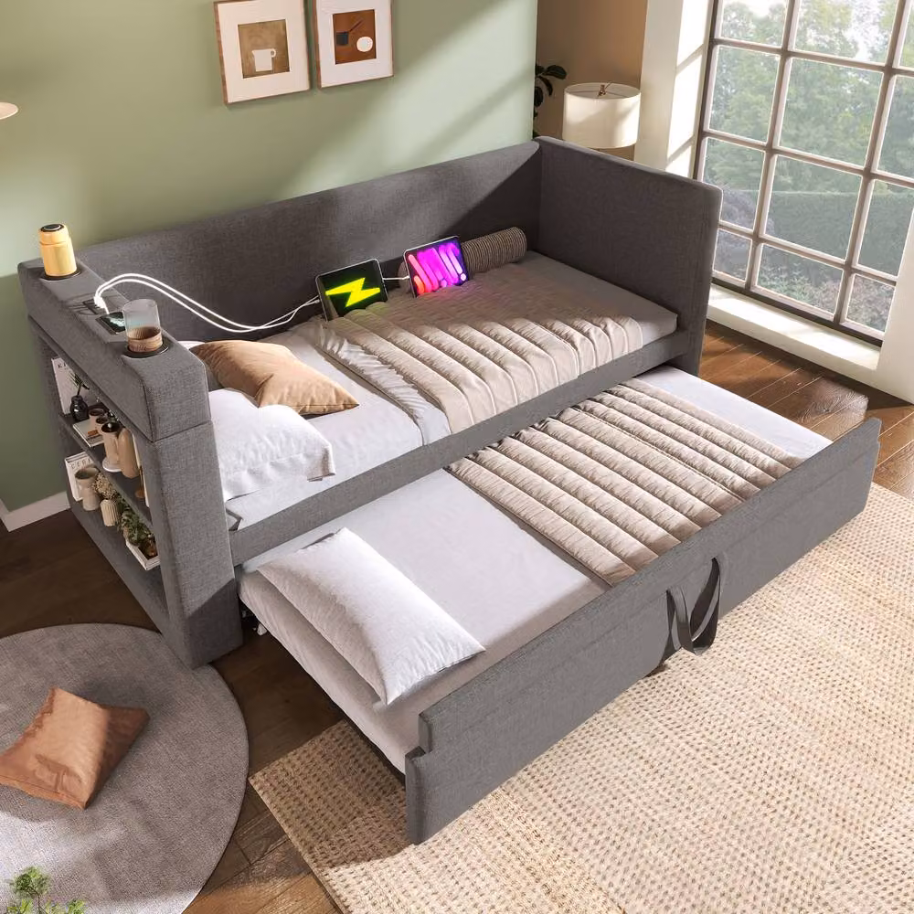 BTM Grey Linen Daybed with Cup Holders, USB Charging Station and Trundle Bed, W/D/H: 90 x 190 cm – 7