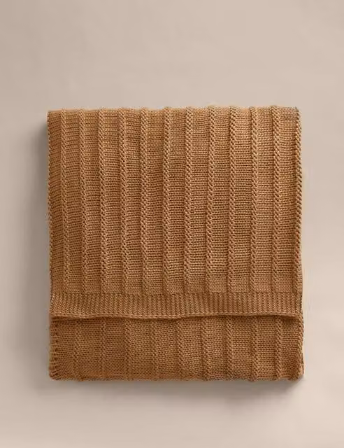 M&S Ribbed Knitted Throw in Tan/Beige
