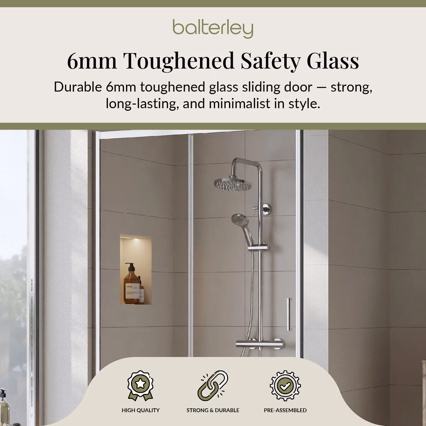 Balterley 6mm Toughened Safety Glass Sliding Shower Door, Silver, W: 120 cm, H: 190 cm – 3