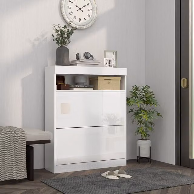 HOMCOM Narrow White Shoe Cabinet with 2 Tilting Drawers and Open Shelf, Freestanding or Wall Mounted, H: 80.0 cm x W: 99.5 cm x D: 2.0 cm