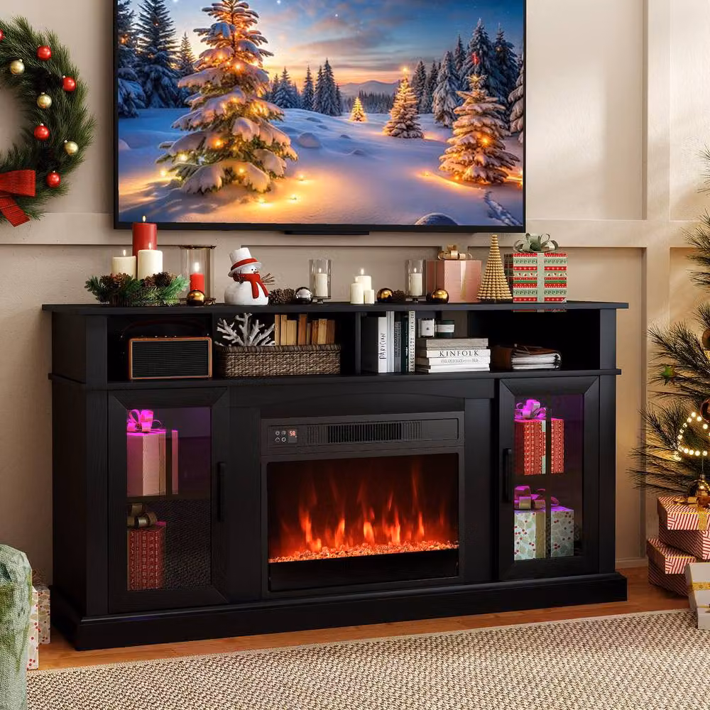 Gymax Modern Black Electric Fireplace TV Stand and Media Console with Integrated Lighting and Glass Details – 8