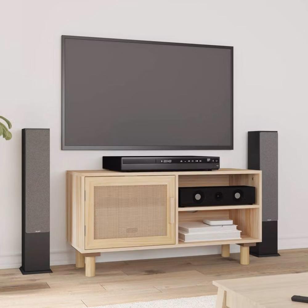 Berkfield Home TV Cabinet in Brown and Light Tan, Solid Pine Wood with Natural Rattan, W/D/H: 80 x 30 x 40 cm – 2