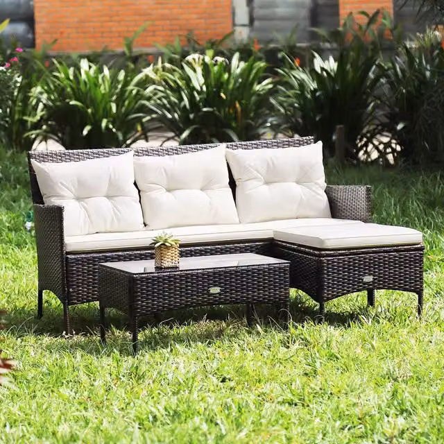 Costway 3-Piece White Polyrattan Patio Conversation Set with Upholstered Cushions, Outdoor 3-Seater Sofa, Coffee Table and Ottoman – 1