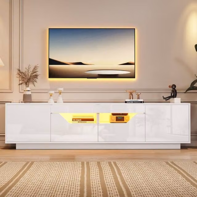 Rolipo White High Gloss LED TV Cabinet for 75 Inch Screens, W: 180 cm