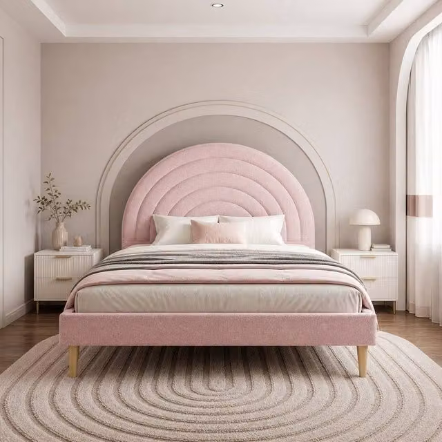 Stratus Interiors Arc Half Moon Teddy Boucle Bed Frame in Pink, Junior Size (W/D/H: 147 x 147 x 101 cm)