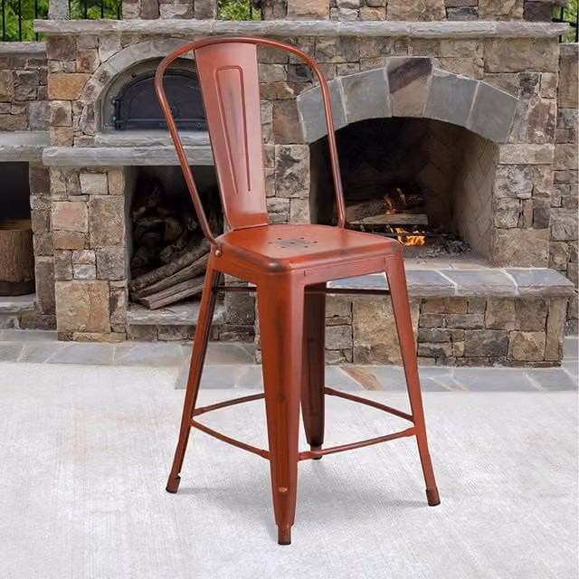 FWStyle Red Distressed Metal Industrial Counter High Stools for Indoor and Outdoor Use