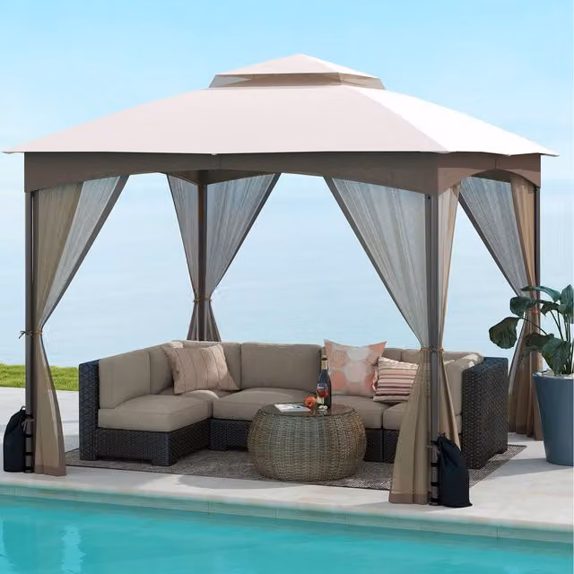 COSTWAY Brown Patio Gazebo with Netting Walls and Polyester Canopy, W/D/H: 296 x 296 x 274 cm