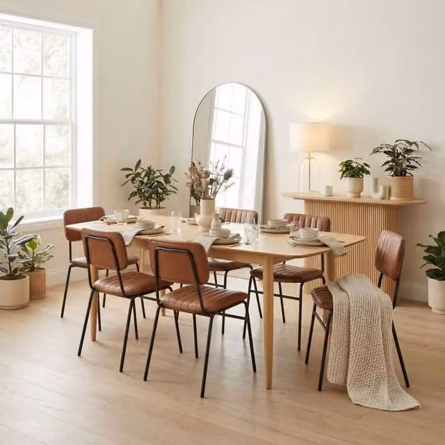 FurnitureboxUK Leif Mid-Century Light Oak Wood Extending Rectangular Dining Table with 6 Tan Delta Chairs