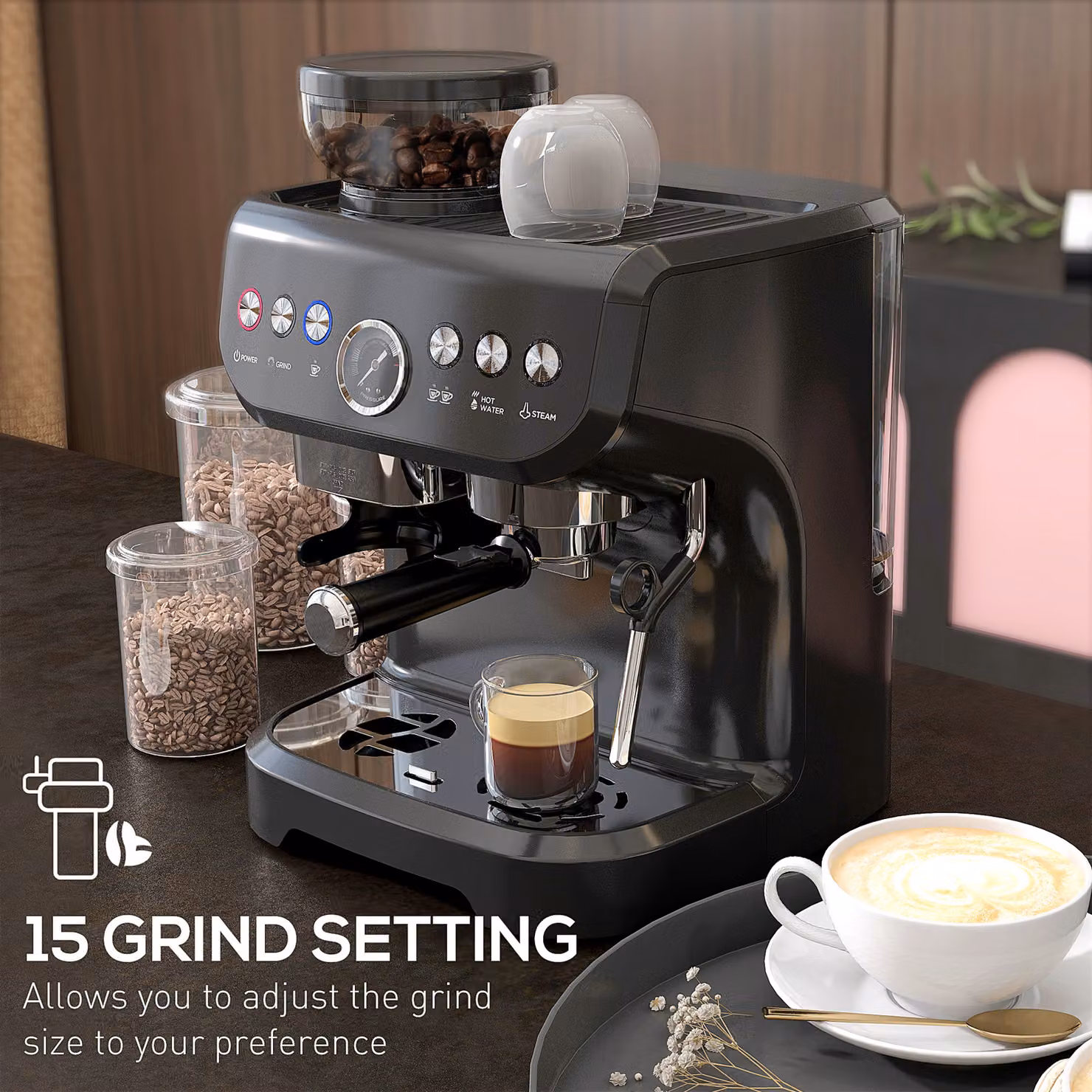 HOMCOM 15 Bar Espresso Coffee Machine in Black with Adjustable Grind, Steam Wand, Cup Warmer and Removable Tank – 5