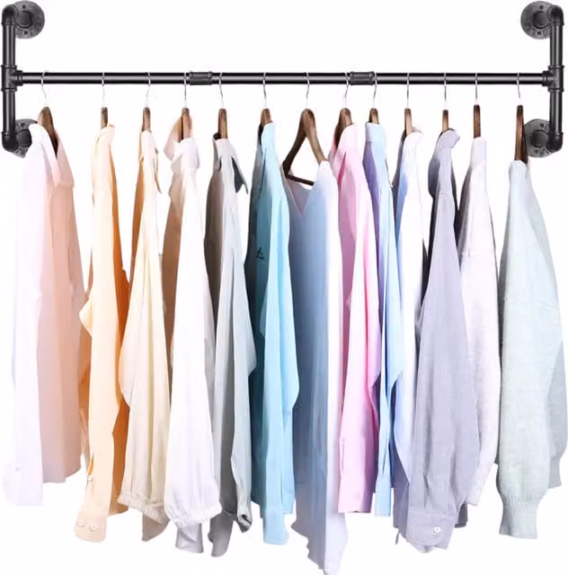 Pirlo Plush Industrial Heavy Duty Wall-Mounted Clothes Hanging Rail in Matt Black Metal