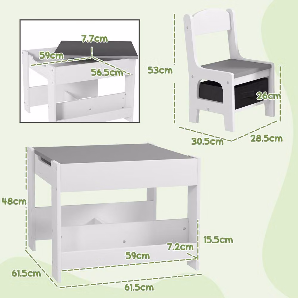 STILVORA Children's Table and Chair Set with Blackboard and Storage in Grey and White – 2