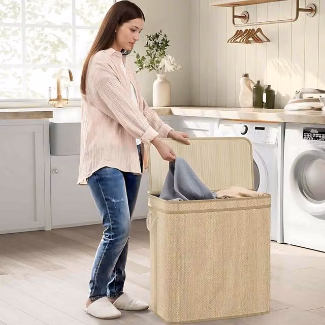 The Bazaarist Double Bamboo Laundry Hamper with Lid and Removable Bag in Beige and Brown