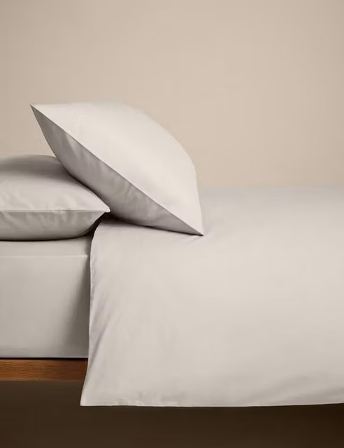 M&S Beige Cotton Rich Percale Duvet Cover Set, W: 140 cm, H: 200 cm