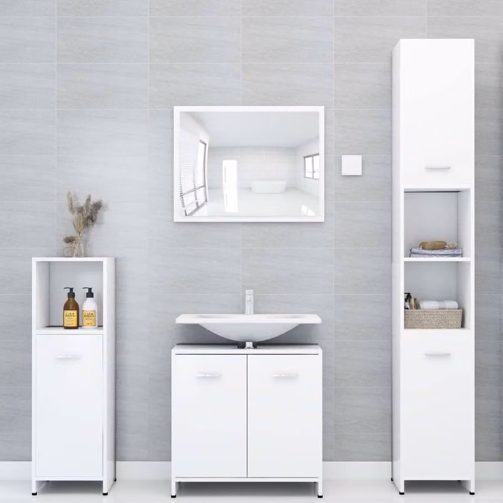 Berkfield Home 3 Piece Modern White MDF Bathroom Furniture Set Including Tall Cabinet, Vanity Unit and Mirror Cabinet