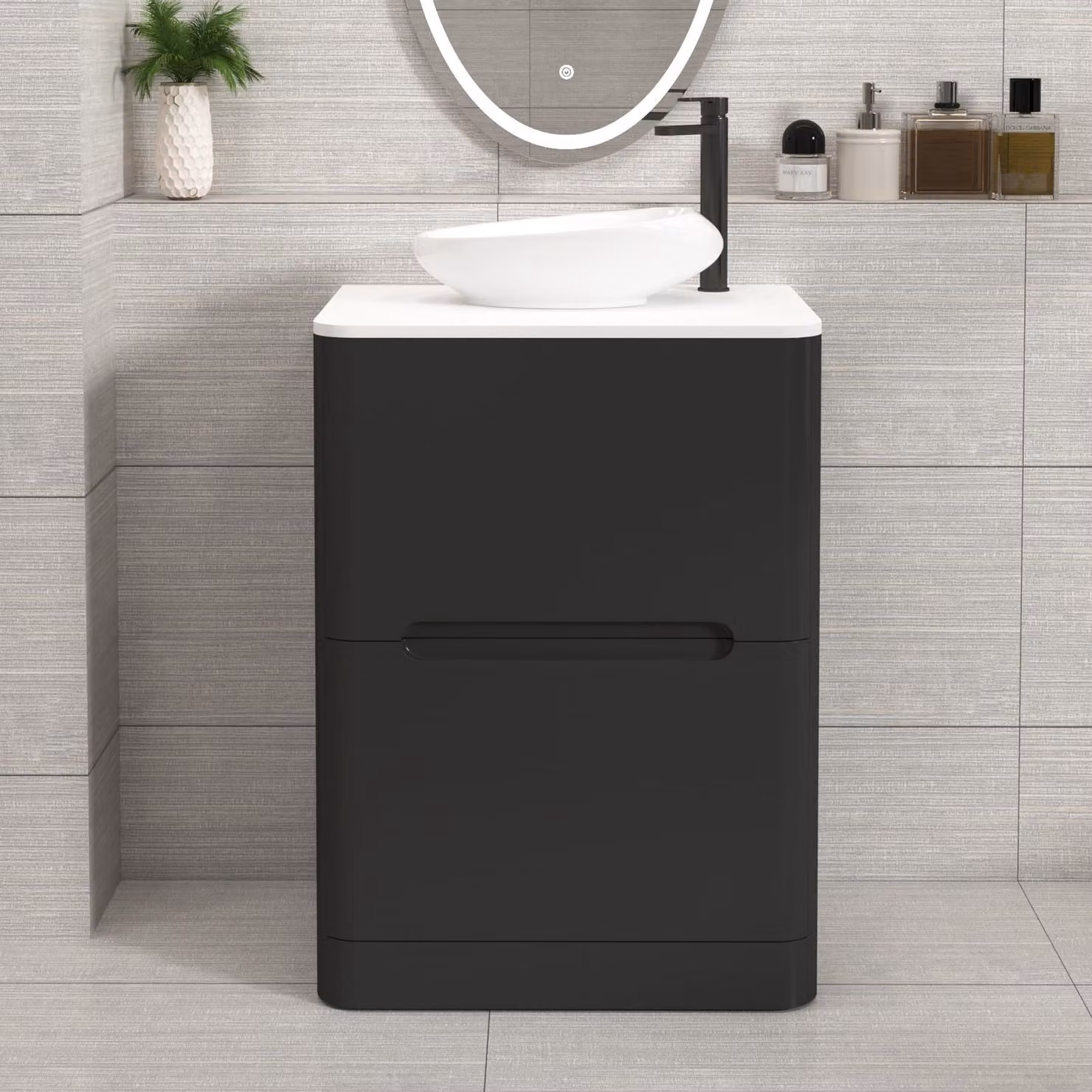 Royal Bathrooms Venice 600mm Matt Nocturne Black Floor Standing 2 Drawer Vanity Unit with Plain White Worktop and Nova Basin