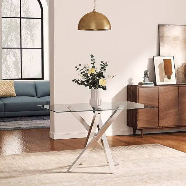 Livingandhome Modern Rectangular Tempered Glass Coffee Table in Silver and Transparent