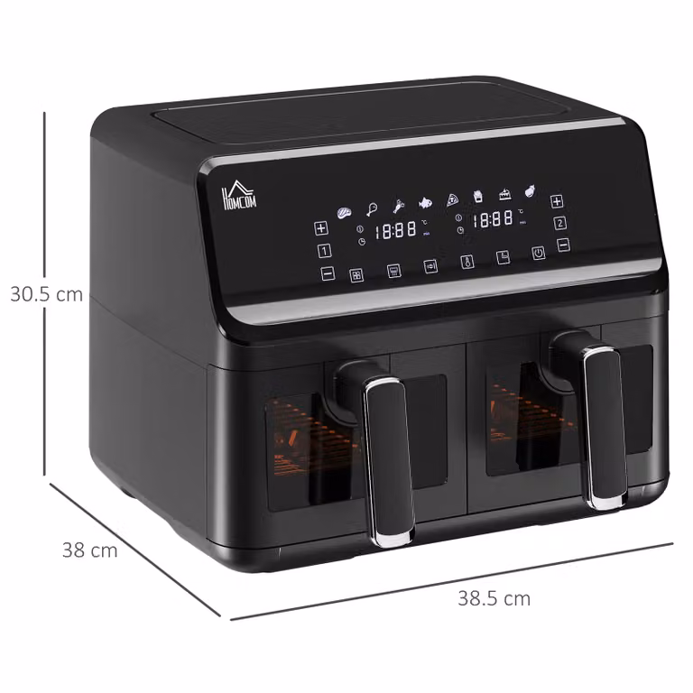 HOMCOM Dual Zone Double Basket Air Fryer with Digital Display and Timer in Silver and Black