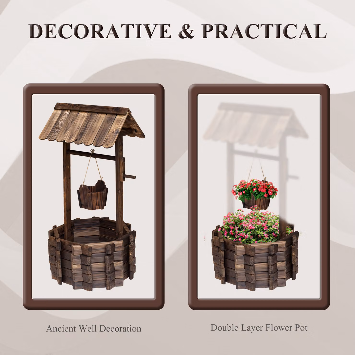 Outsunny Wooden Wishing Well Planter with Bucket, Brown – 4