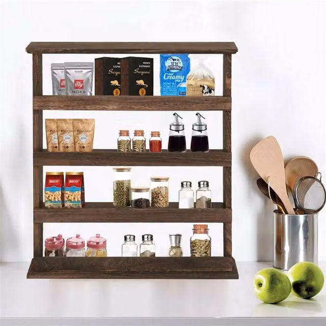 FORGEVIO 4-Tier Wooden Wall-Mounted Spice Rack and Storage Shelves in Brown/Multicolour – 1