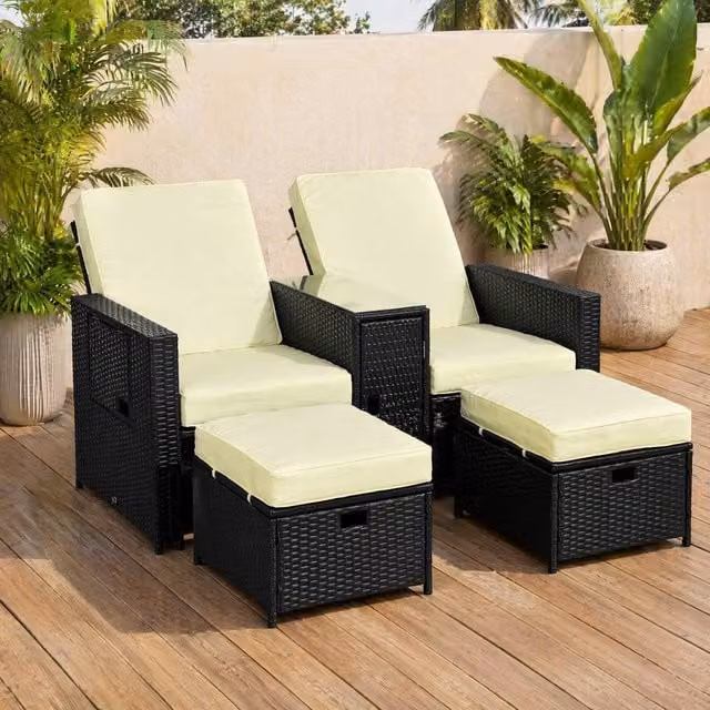 STILVORA 5 Piece Sun Lounger Set with Footstools and Side Table in Black