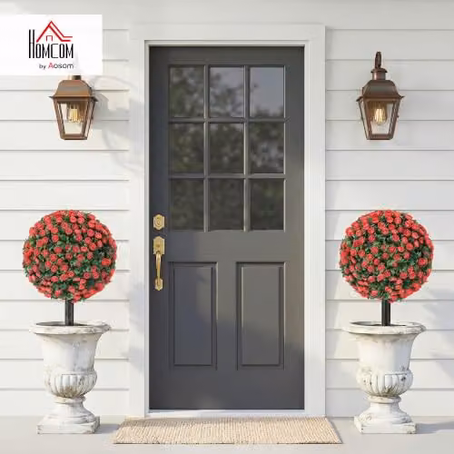 HOMCOM Set of 2 Red Artificial Rose Topiary Trees, UV-Resistant, Height: 55 cm – 2