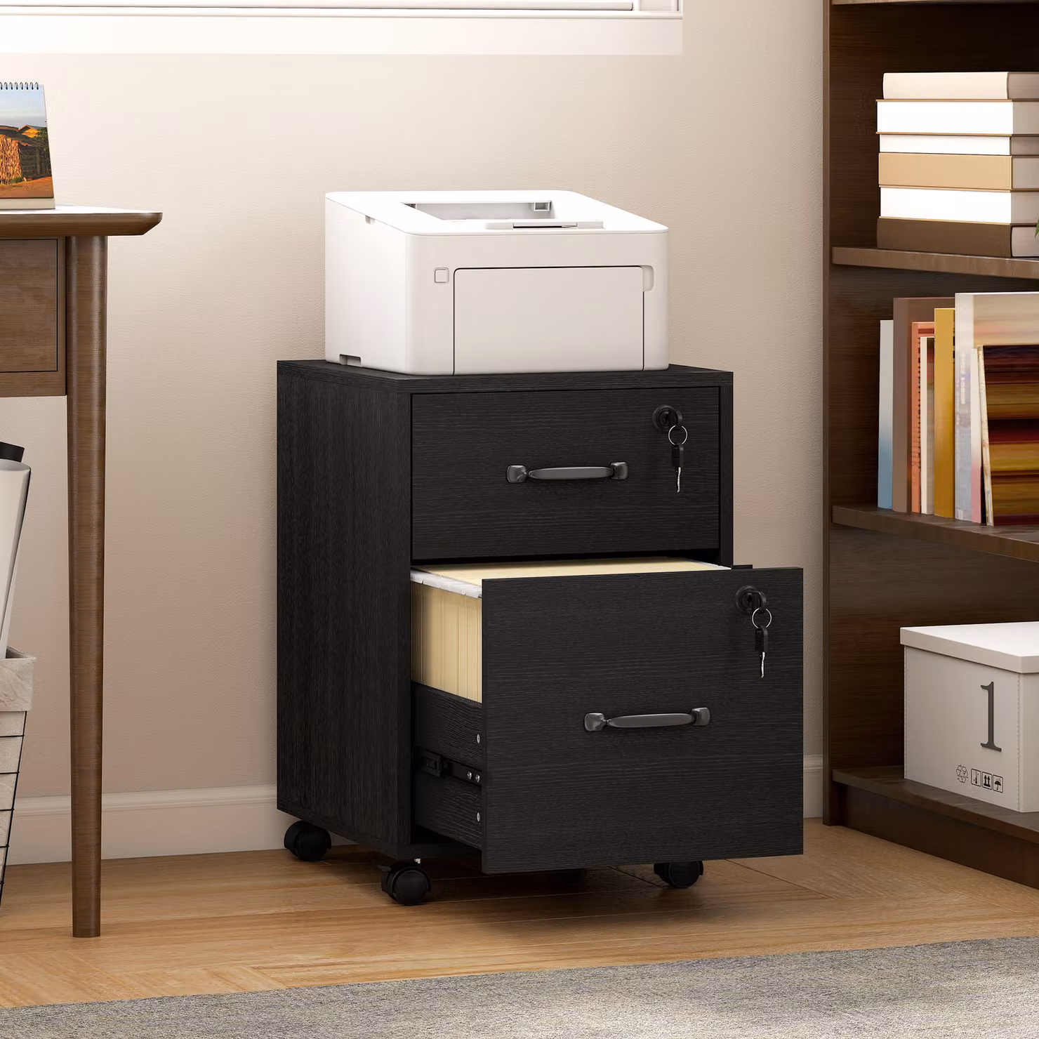HOMCOM Rolling File Cabinet with 2 Drawers and Castors, Black Mobile Filing Cabinet for Letter Sized Documents – 2