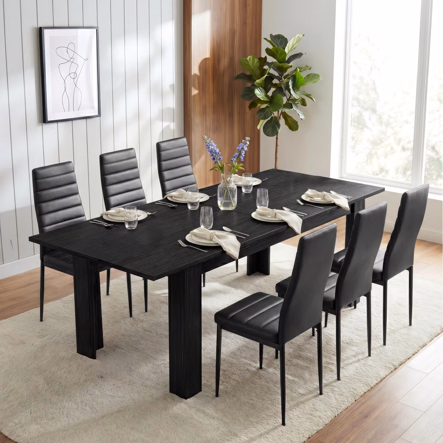 DHS Milo Extendable 6 Seater Dining Table and Chair Set in Black Wood Effect