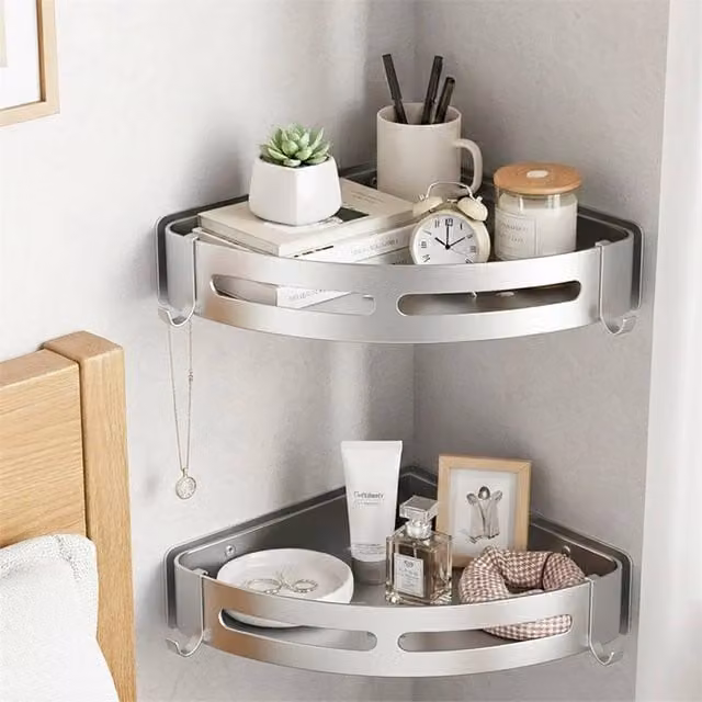 Nordara 2 Pack Brushed Silver Wall Mounted Corner Bathroom Shower Shelves in Metallic Silver – 1