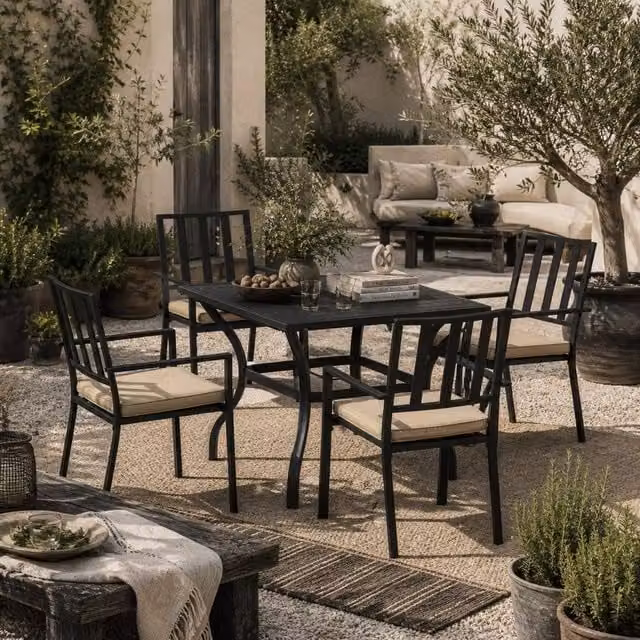 Wyld Haus Nonilu 4 Seater Garden Dining Set with Square Metal Table in Black and Beige