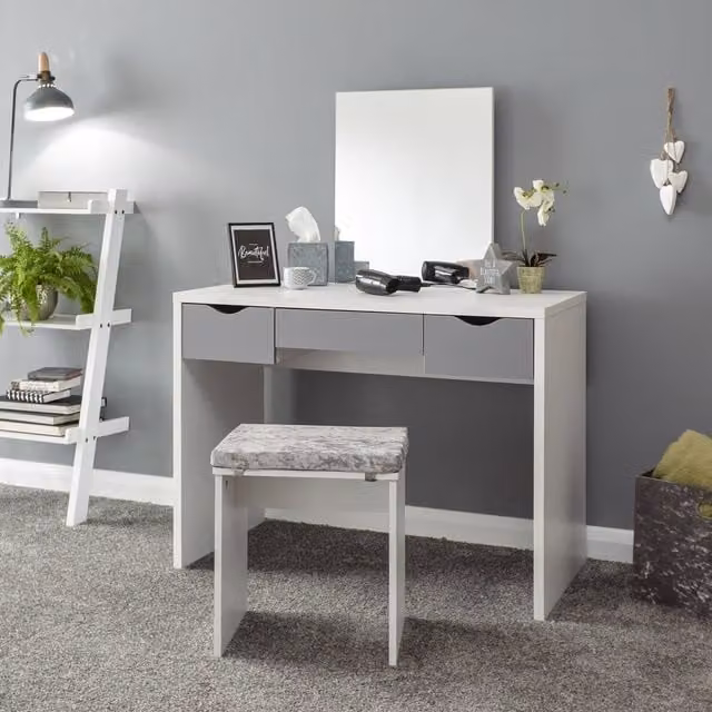 GFW Elizabeth Modern Dressing Table and Stool Set in White and Grey – 1