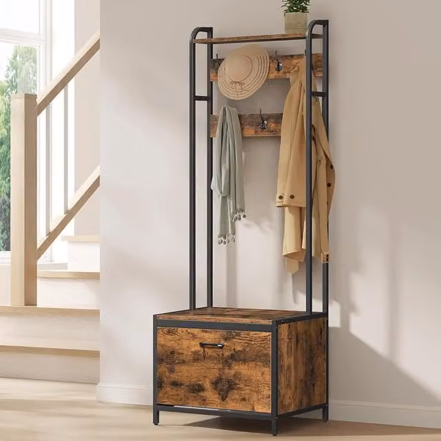 Vasagle Industrial Hall Tree with Shoe Storage Bench in Brown and Black