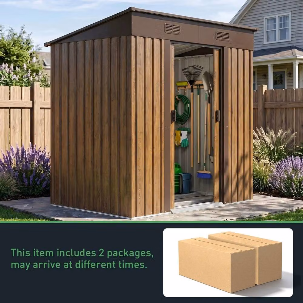 Kelvenix Brown Wood Effect Metal Pent Garden Shed with Sliding Doors and Roof Vent – 3