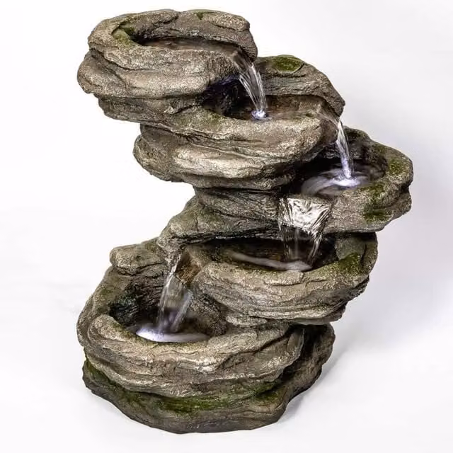 Primrose Ogen River Leap 4 Tier Cascading Stone Effect Water Feature with LEDs in Brown and Grey